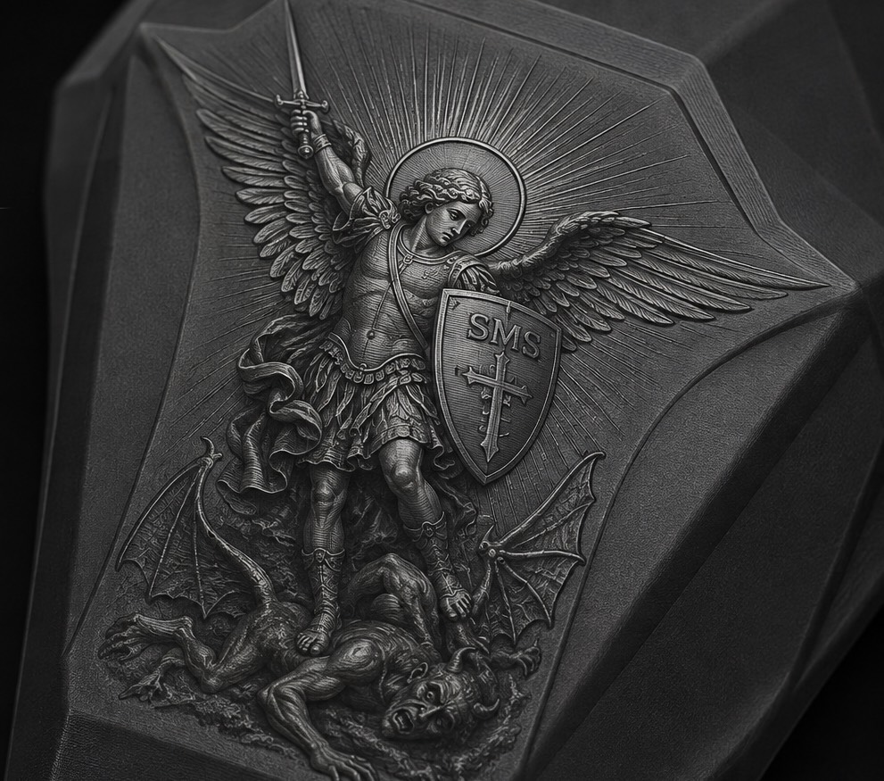 Relief of Saint Michael in armour, sword raised, carrying a shield bearing the letters SMS and the cross of Saint Michael.